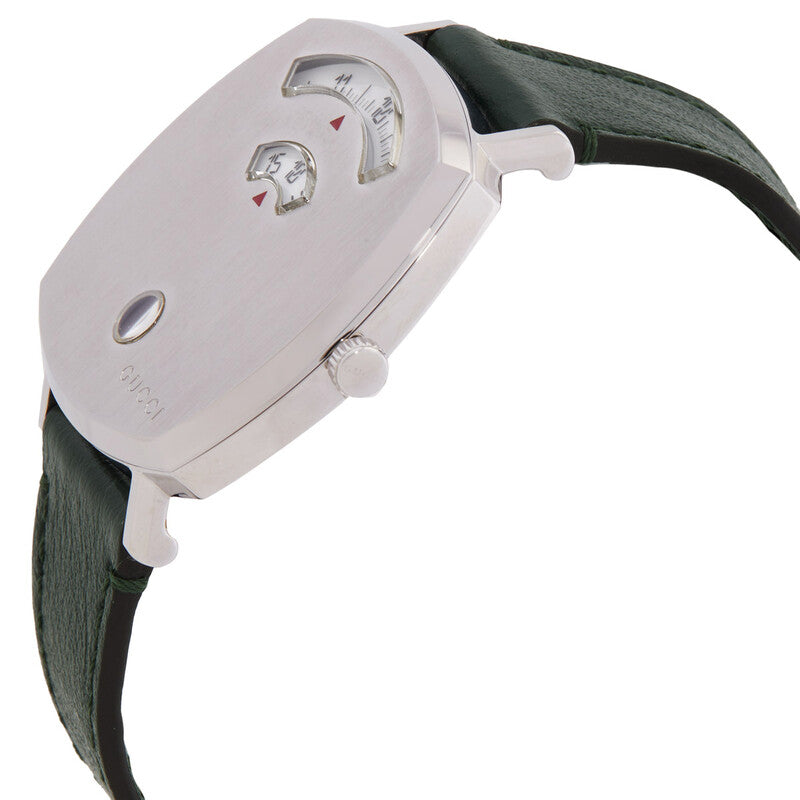 GUCCI Grip watch side angle view showing stainless steel case and green leather band