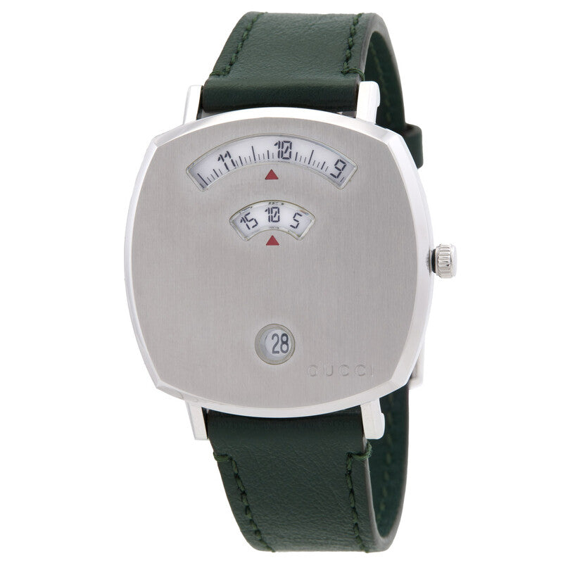 GUCCI Grip 35MM stainless steel watch with dual dial, silver face and green leather strap