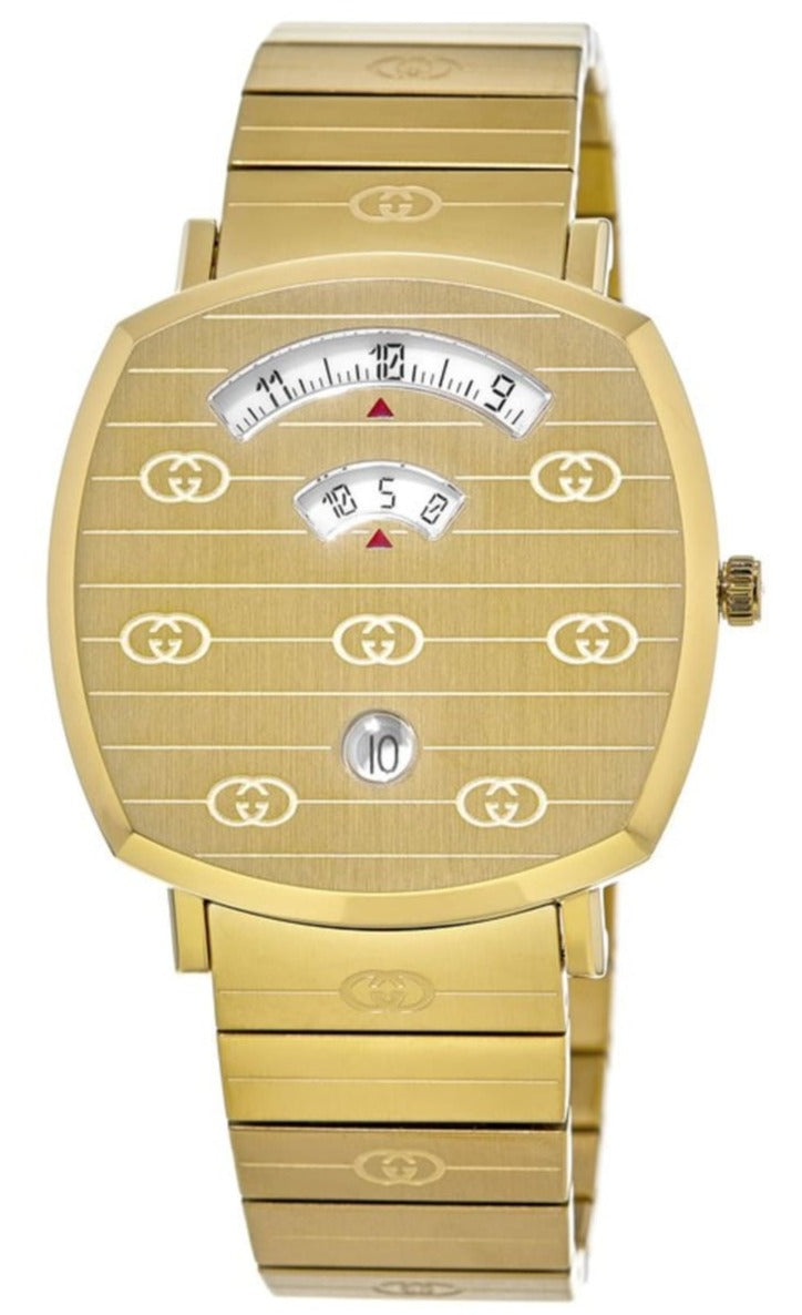 Gucci Grip yellow gold quartz watch with rectangular dial, GG motifs, and gold steel bracelet