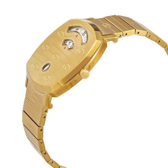 Gucci Grip watch worn angle displaying case profile and articulated gold steel strap