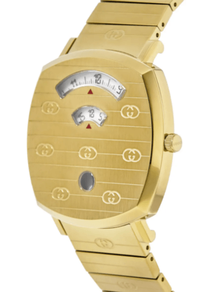 Gucci Grip watch side view showing gold steel bracelet links and rectangular yellow gold case