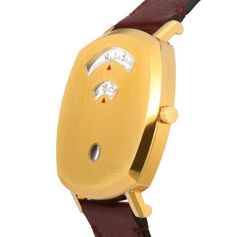 GUCCI Grip 38MM side angle view showing yellow gold PVD case and burgundy leather strap