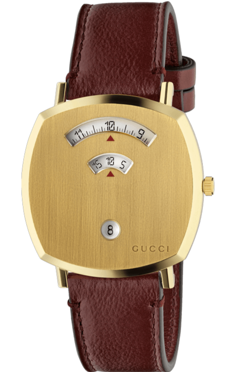 GUCCI Grip 38MM yellow gold PVD watch with dual dial face and bordeaux leather strap