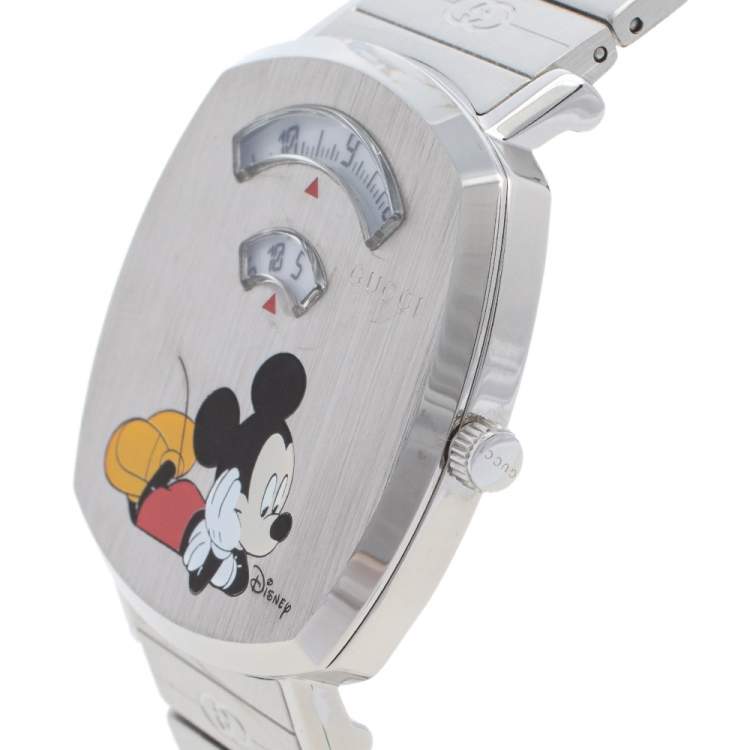 Gucci Grip Disney Mickey Mouse watch angled side view with crown and bracelet