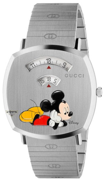 Gucci Grip Disney Mickey Mouse silver dial silver steel strap watch front view