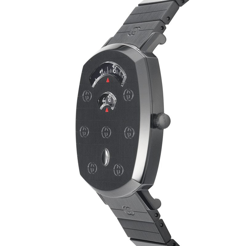 Angled view of Gucci Grip YA157429 watch showing grey steel strap and rectangular case
