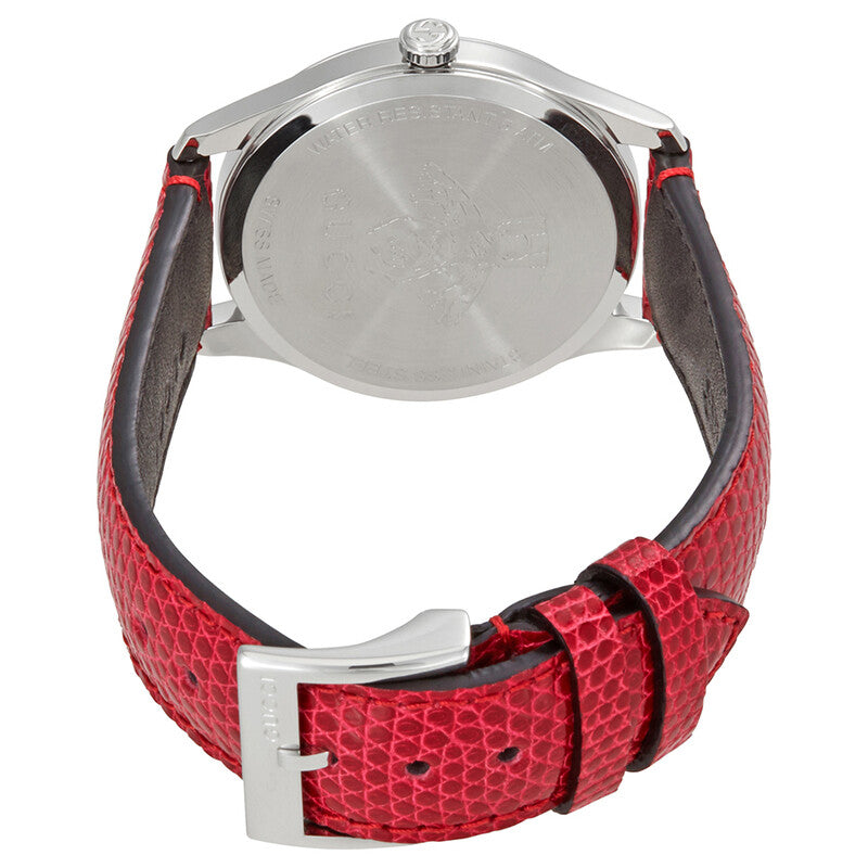 Gucci G-Timeless watch caseback with stainless steel back and red leather strap