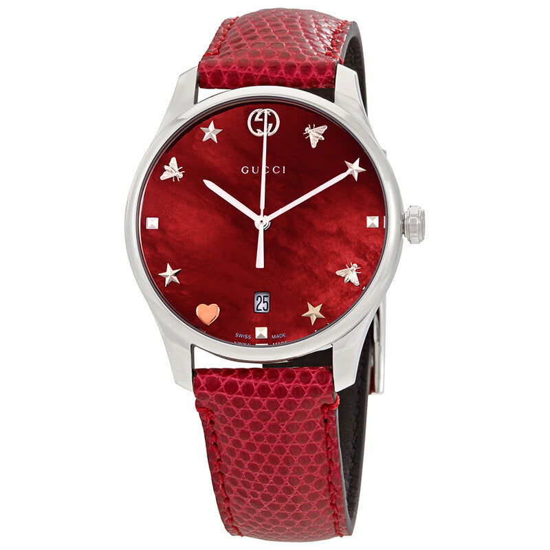 Gucci G-Timeless women's watch with cherry red mother of pearl dial, star motifs, and red leather strap