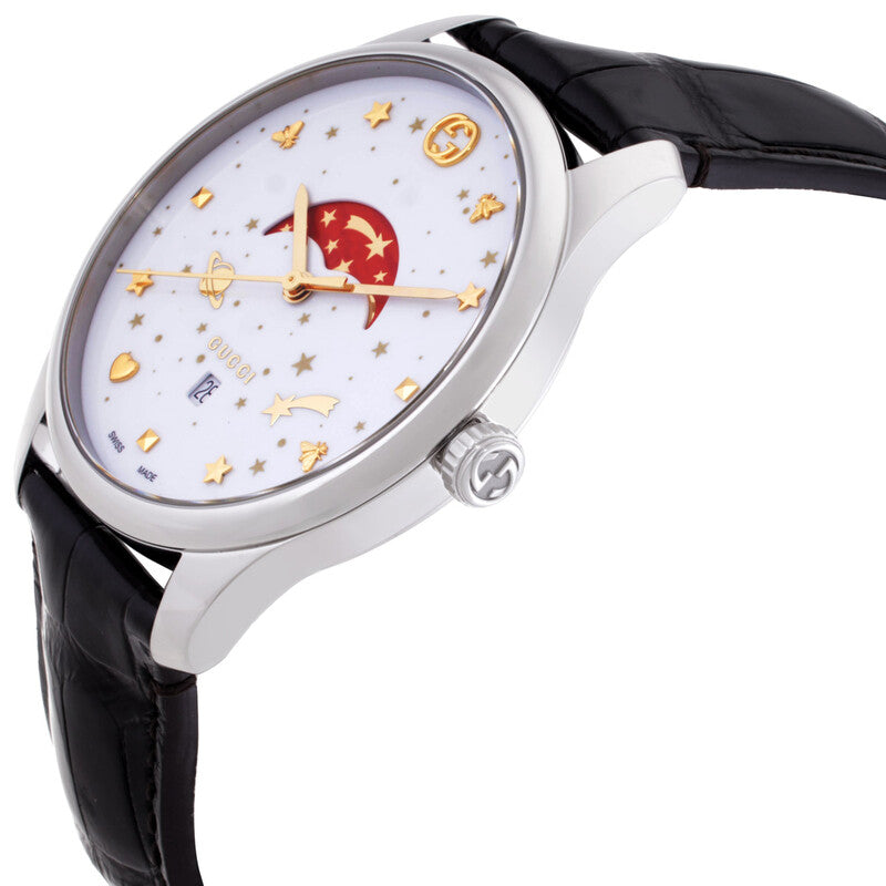 Angled side view of Gucci G-Timeless watch displaying white dial with gold embellishments and red moon hand detail