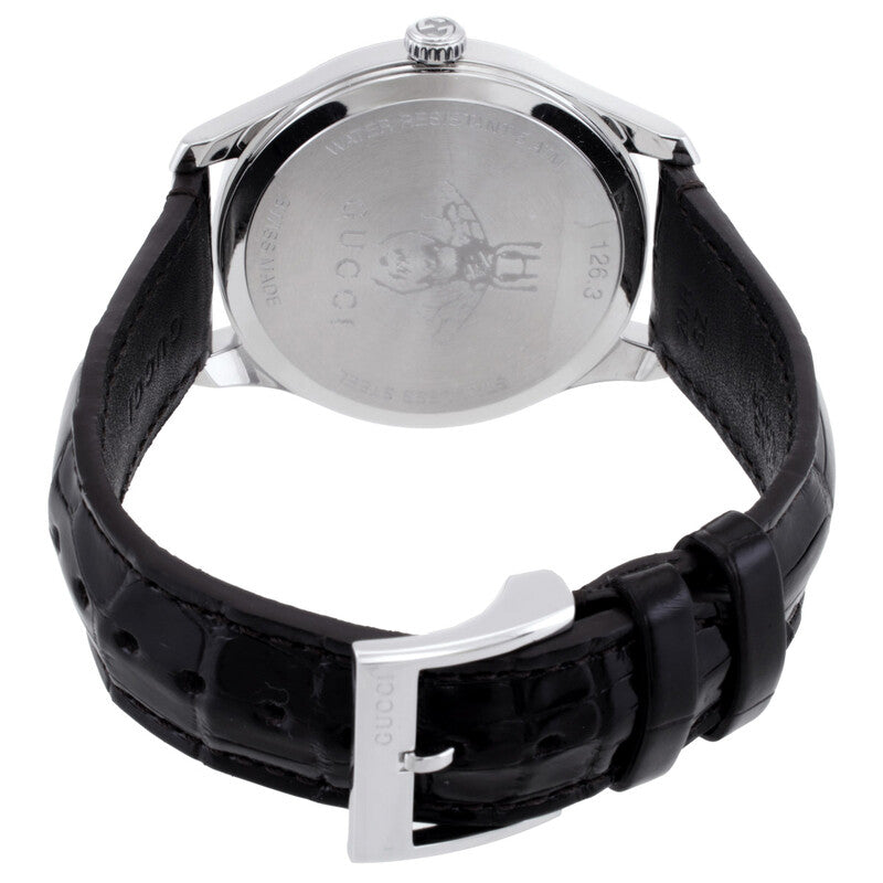 Caseback view of Gucci G-Timeless watch showing stainless steel case back with Gucci branding