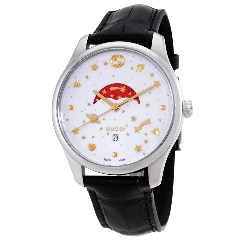 Gucci G-Timeless large watch with white dial, gold stars and celestial motifs, red moon hand, stainless steel case, black leather strap