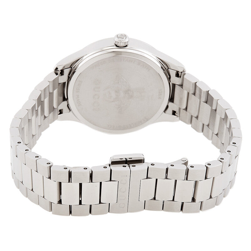 Caseback view of G-Timeless watch showing stainless steel case and bracelet
