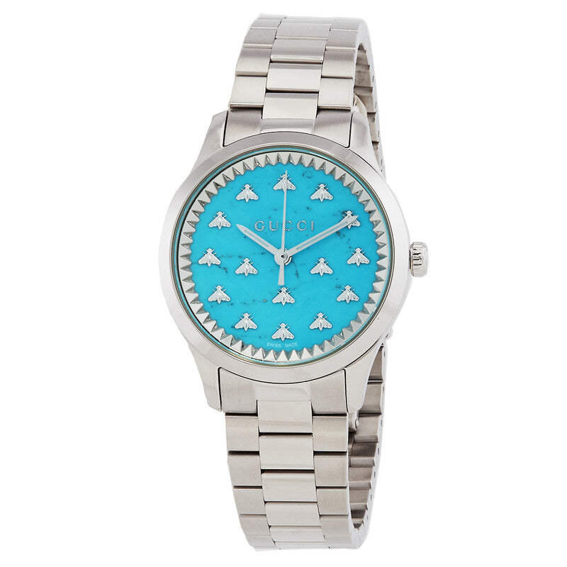 Gucci G-Timeless 29mm watch with turquoise dial, bee motifs, and stainless steel bracelet