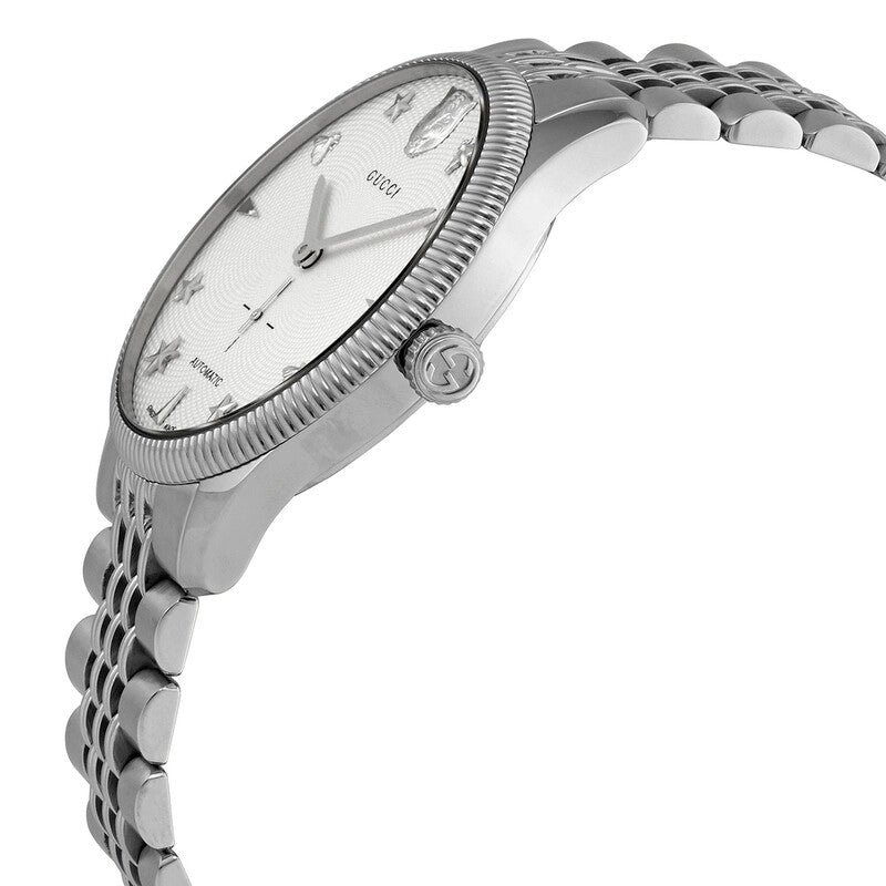 Side angle view of Gucci G-Timeless watch showing profile and bracelet