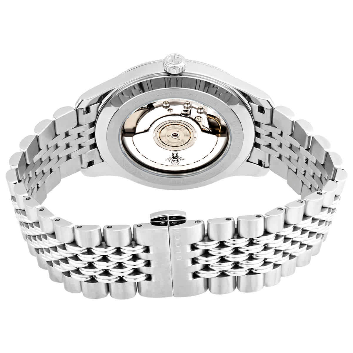 Caseback of Gucci G-Timeless watch displaying automatic movement