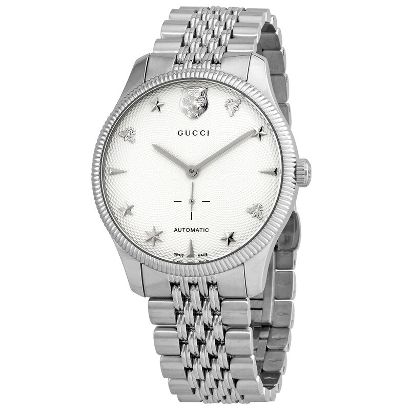 Gucci G-Timeless automatic watch with silver dial and stainless steel bracelet