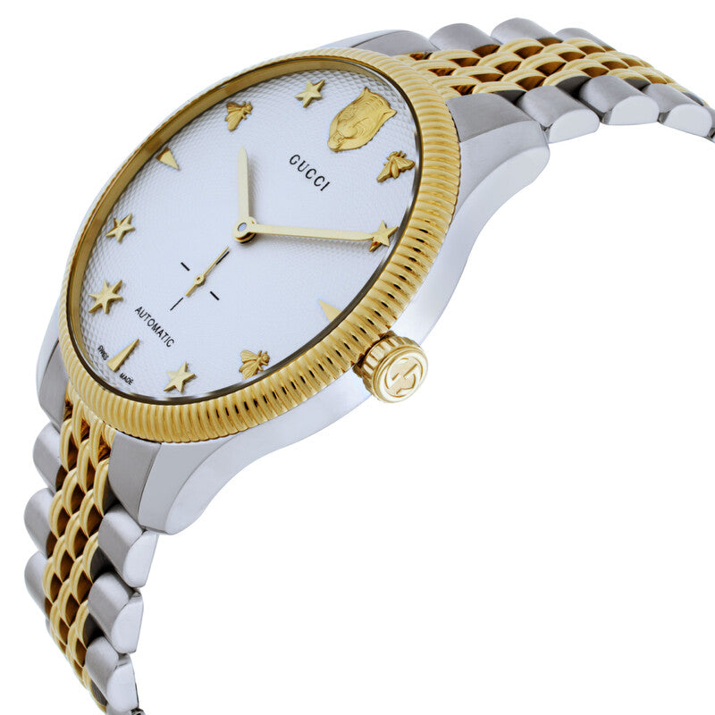 Side angle view of Gucci G-Timeless watch showing two-tone steel and gold bracelet