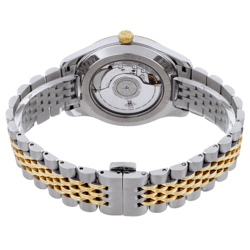 Caseback view of Gucci G-Timeless automatic watch showing transparent case back and movement