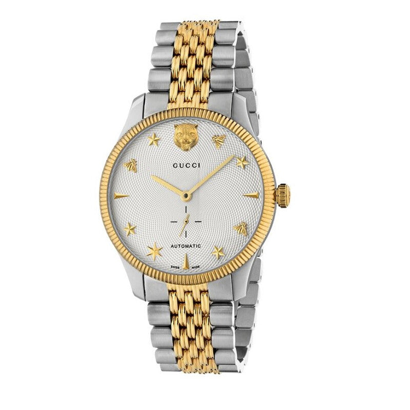 Gucci G-Timeless automatic two-tone men's watch with silver dial and gold bee markers