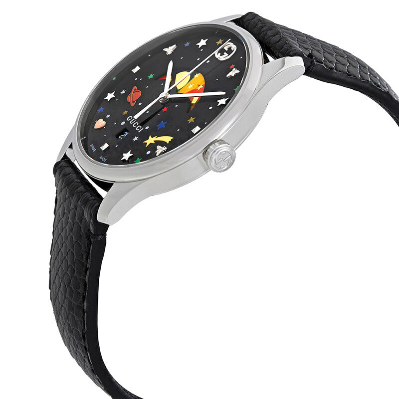 Gucci G-Timeless moonphase watch at angle showing black dial with celestial motifs and stainless steel case