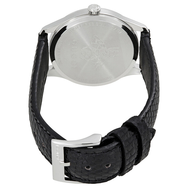 Gucci G-Timeless watch caseback showing stainless steel with engraved Gucci branding and black leather strap