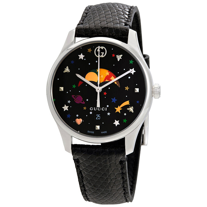 Gucci G-Timeless watch with black dial, colorful stars and planet moonphase display, silver case and black leather strap
