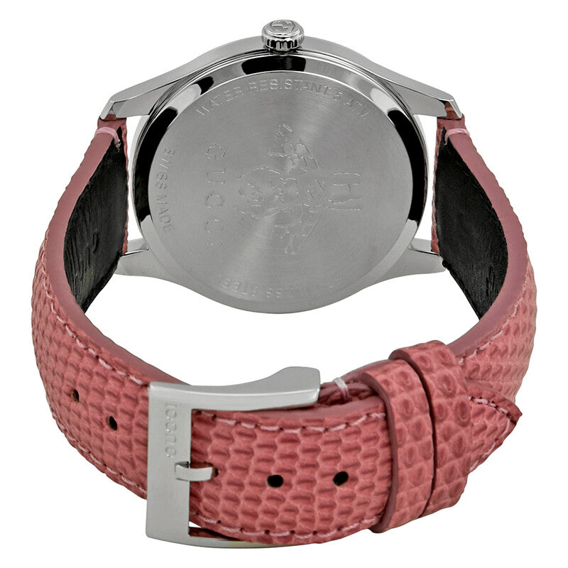 Gucci G-Timeless watch caseback showing pink textured leather strap and case back