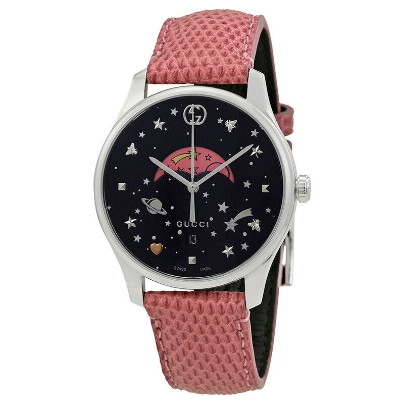 Gucci G-Timeless 36mm watch with black moon-phase dial, cosmic design, pink leather strap
