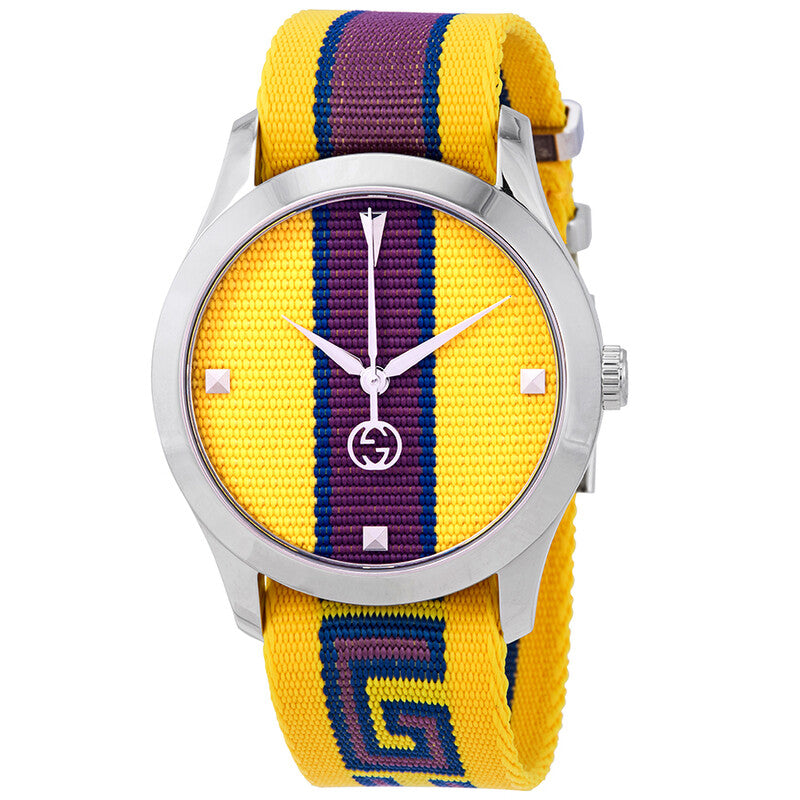 Gucci G-Timeless yellow dial with purple stripe and white index markers, yellow and purple striped web strap