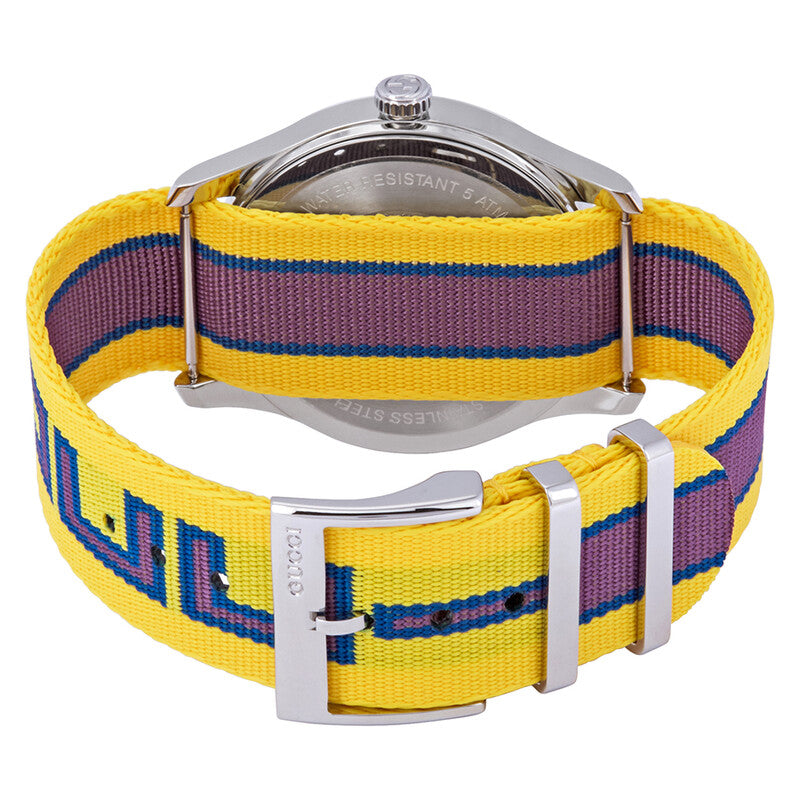 Gucci G-Timeless watch strap showing yellow, purple, and navy striped web pattern with silver buckle and branding