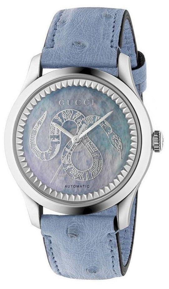 Gucci G-Timeless automatic ladies watch with transparent mother of pearl dial and blue GG leather strap