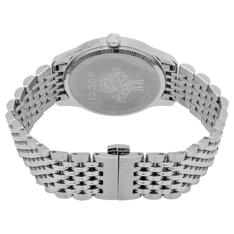 Caseback of Gucci G-Timeless watch showing engraved bee design