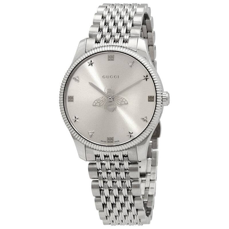 Gucci G-Timeless stainless steel watch with silver dial and bee motif