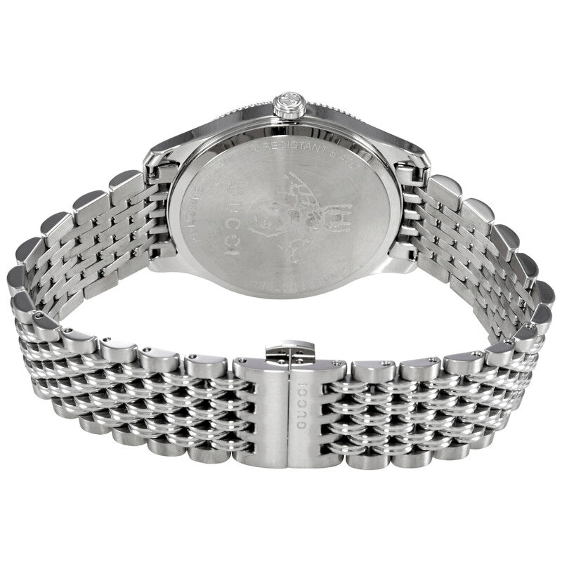 Gucci G-Timeless watch caseback revealing stainless steel case and deployant clasp bracelet
