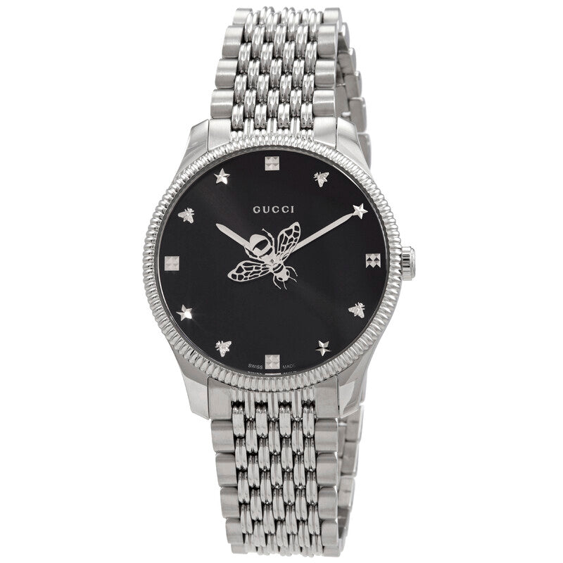 Gucci G-Timeless quartz watch with black dial, bee motif, diamond hour markers, and stainless steel bracelet