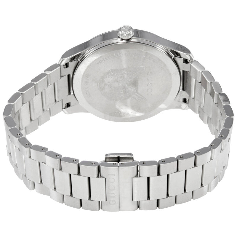Caseback view of G-Timeless 38mm watch with stainless steel bracelet