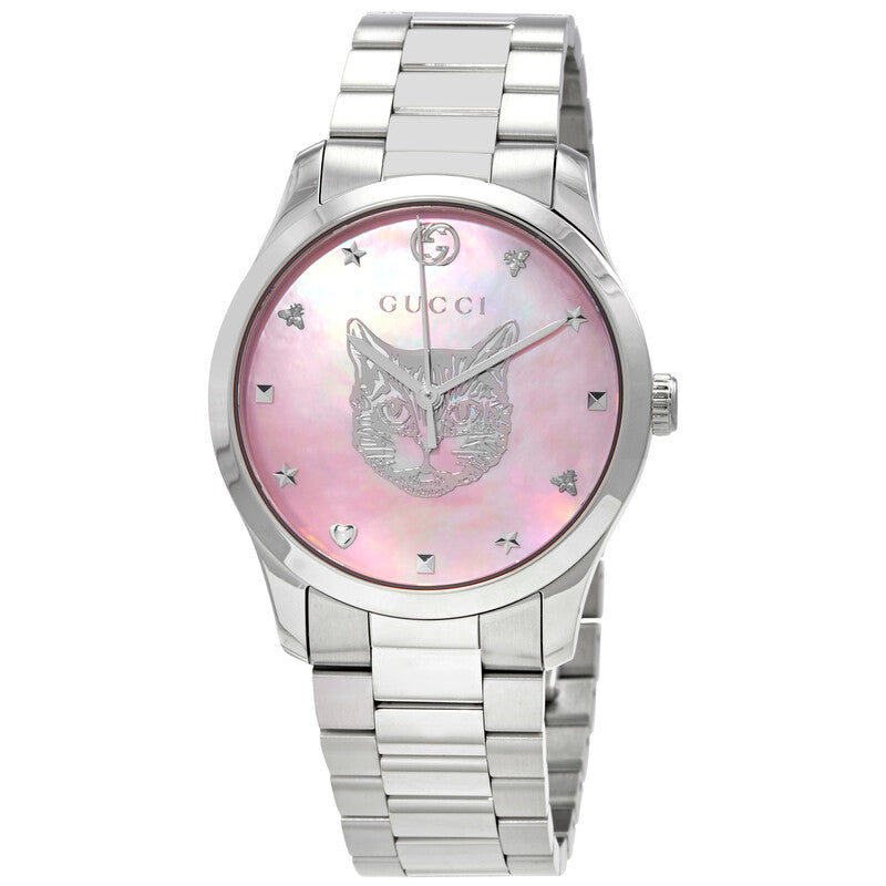 G-Timeless 38mm quartz watch with pink dial, cat motif, and stainless steel bracelet
