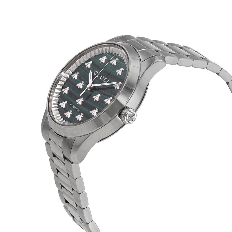 Gucci G-Timeless watch side view showing stainless steel bracelet and green dial with bee motifs