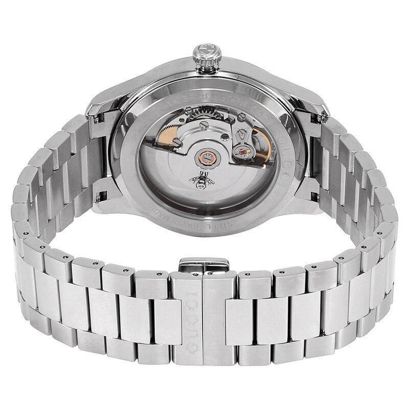 Gucci G-Timeless caseback showing automatic movement and stainless steel bracelet