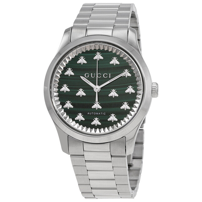 Gucci G-Timeless automatic watch with green dial, bee hour markers, and stainless steel bracelet