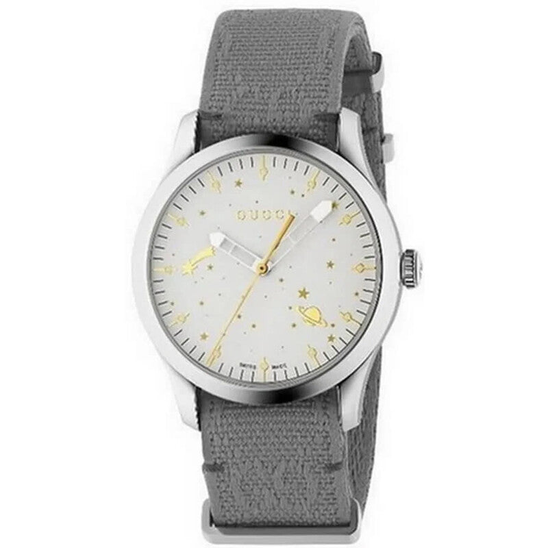 Gucci G-Timeless quartz watch with white dial, gold accents, and gray fabric strap