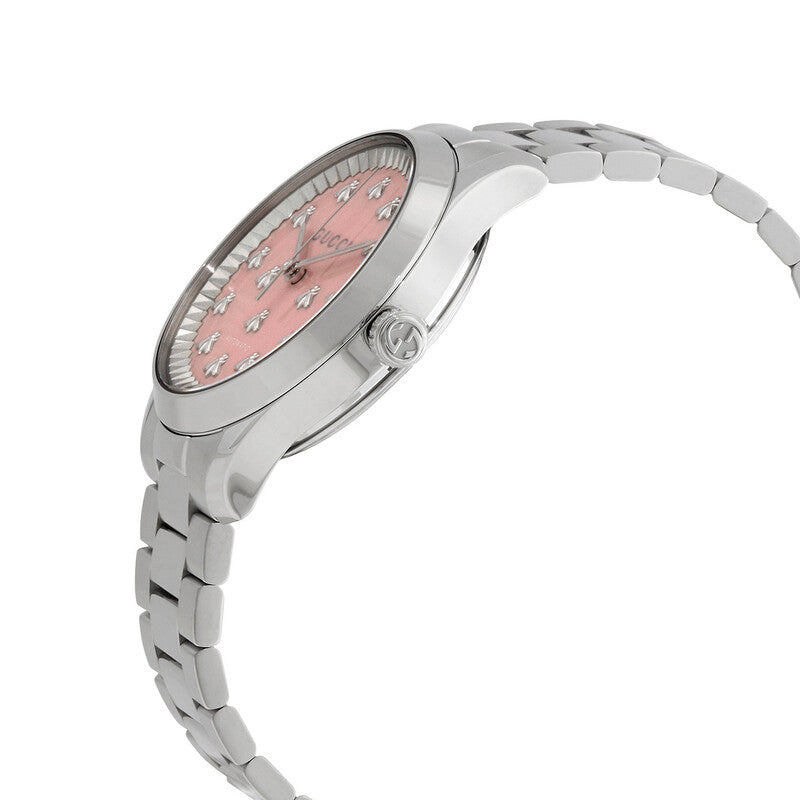 Side angled view of GUCCI G-Timeless women's watch showing stainless steel bracelet and case profile