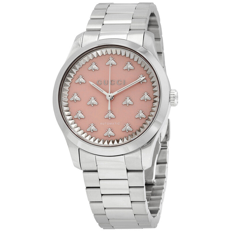GUCCI G-Timeless 38MM automatic watch with stainless steel case and bracelet, pink dial with bee motifs