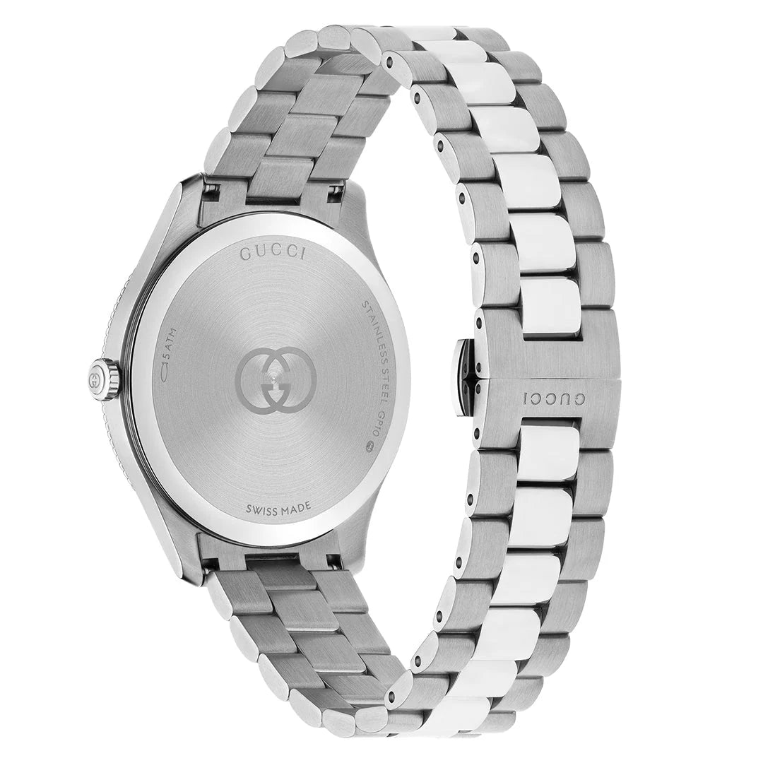 Caseback of G-Timeless watch with Gucci logo and Swiss made marking