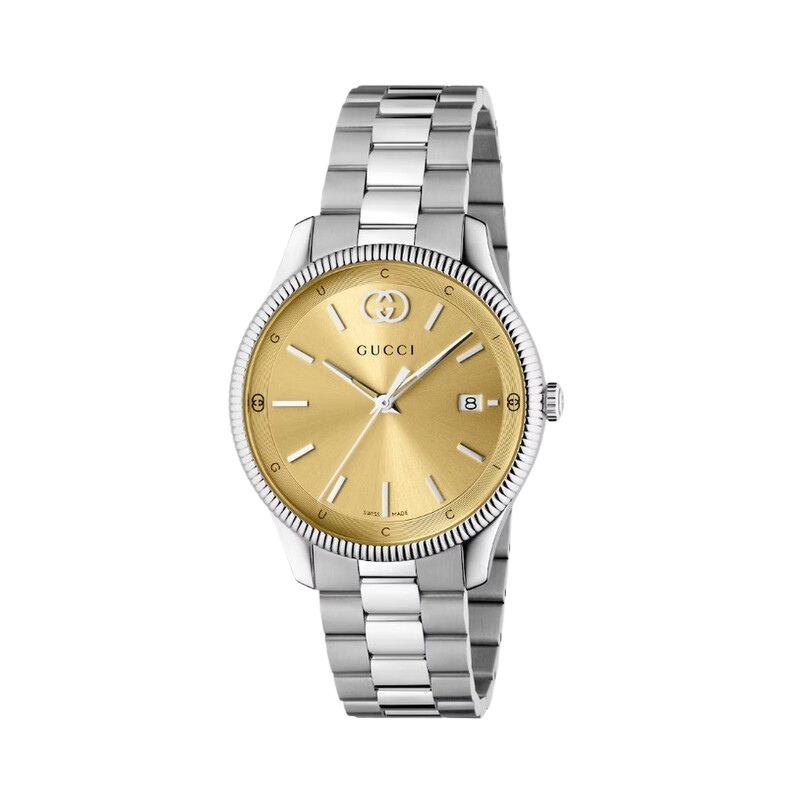 Gucci G-Timeless unisex quartz watch with gold dial and stainless steel bracelet