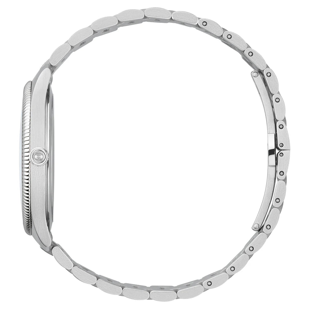 Side profile of G-Timeless watch showing stainless steel bracelet and case depth