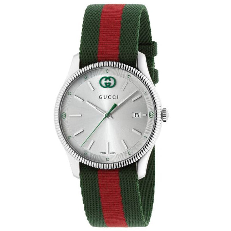 Gucci G-Timeless watch with silver dial, green and red striped nylon strap, stainless steel bezel