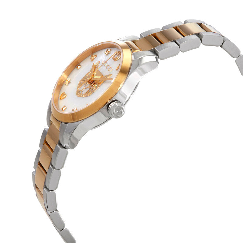G-Timeless 29mm watch side angle showing two-tone stainless steel and gold bracelet