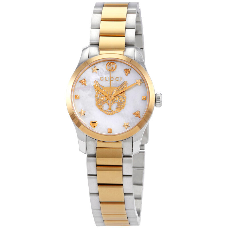 G-Timeless 29mm watch with mother-of-pearl dial, gold cat emblem, two-tone gold and silver bracelet, front view