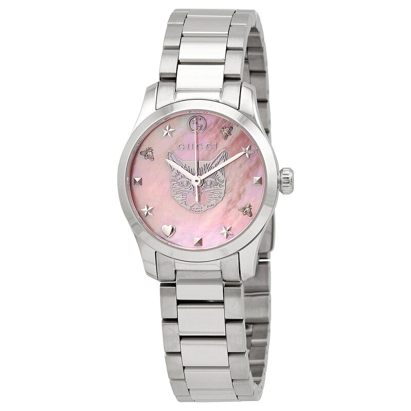 G-Timeless 29mm watch with pink mother-of-pearl dial, Gucci bee logo, stainless steel case and bracelet